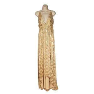 Ramy Brook Toby Twist Front Metallic Jacquard Gown Dress Soft Gold Combo Size 14